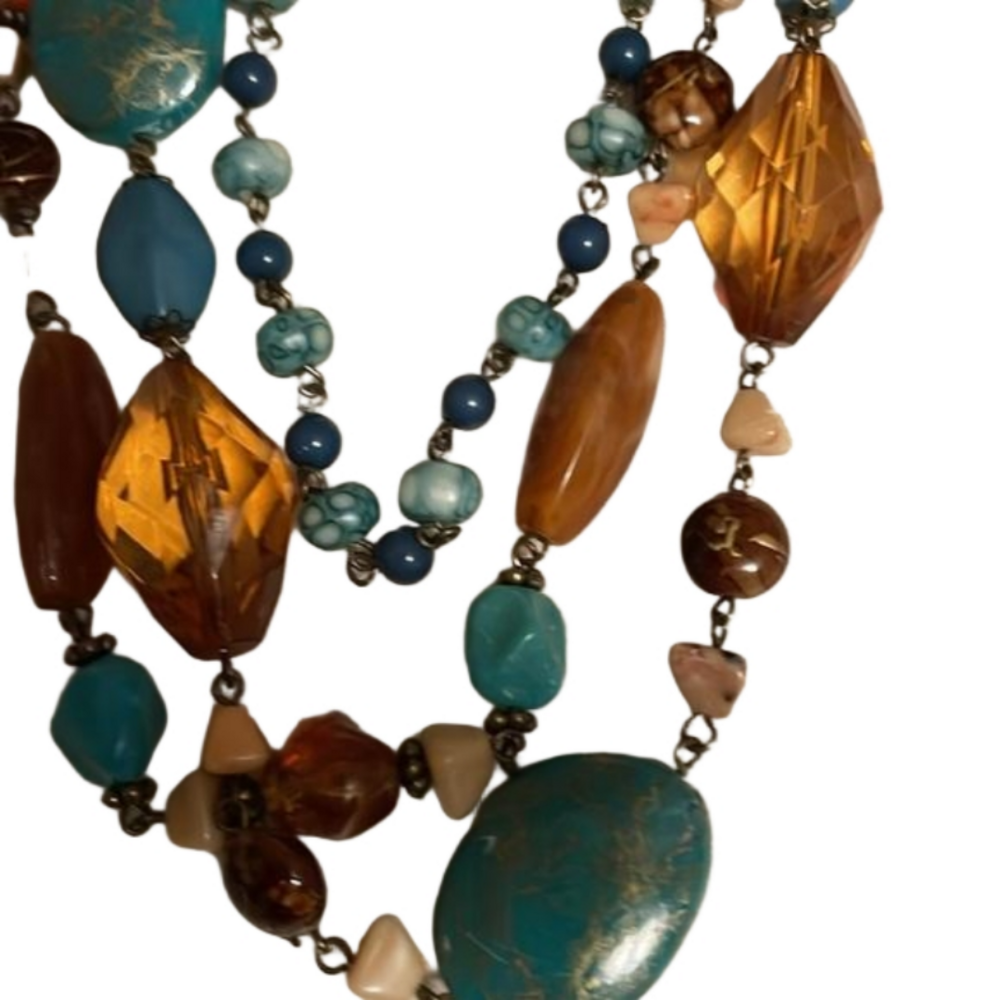 💎 BOHO 3-Strand EsMor Clasp Beaded Earthy Green Amber Necklace 💎